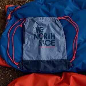 The North Face Gray Black Cinch Backpack Retro Logo Graphic Bag Hiking Outdoors